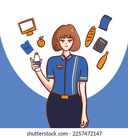 cute cashier keepshoper profession handdrawn illustration