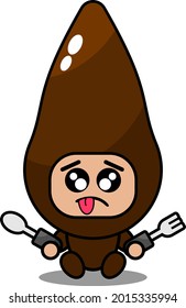 cute cassava vegetable mascot costume vector cartoon character sitting hungry holding spoon and fork