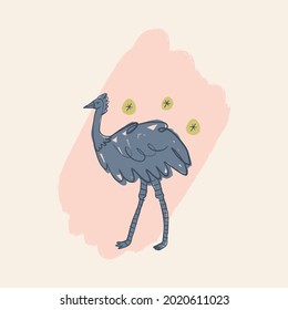 Cute cassowary bird cartoon doodle Australian animal kids art drawing.