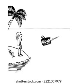 Cute castaway character in a desert island looking far away to a man approaching rowing in a boat. Black and white hand drawn sketch cartoon style vector illustration.