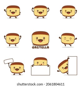 Cute castella cartoon, japanese sponge cake vector illustration, with happy facial expressions and different poses, isolated on a white background