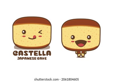 Cute castella cartoon mascot, japanese sponge cake vector illustration, suitable for logos, packaging labels, stickers, etc.