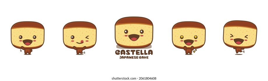 Cute castella cartoon mascot, japanese sponge cake vector illustration, with different facial expressions and poses, isolated on white background