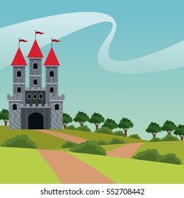 cute castle red roof flags landscape road