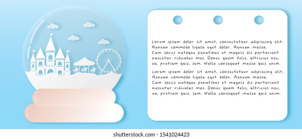 Cute castle with snow ball in paper cut style cards poster banner vector illustration