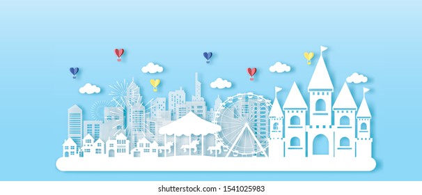 cute castle town and city fairy tale in blue and paper cut style vector illustration