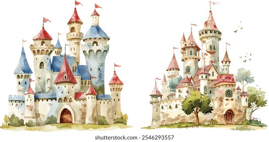 Cute castle vector illustration in watercolor style, isolated on white background