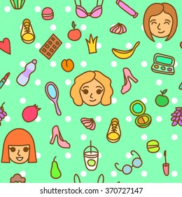 Cute casual fashion seamless pattern with girl faces and everyday girl stuff. Young woman lifestyle seamless pattern. Green dotted seamless background with girl heads, clothes, food and cosmetic.