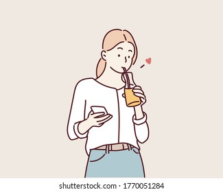 cute casual girl drinking orange juice from a glass. Hand drawn style vector design illustrations.