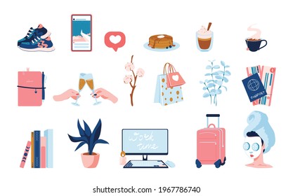 Cute Casual Sticker Set For Monthly Planners And To Do Lists. Vector Flat Illustration For Travel, Self-care, Beauty And Women's Things