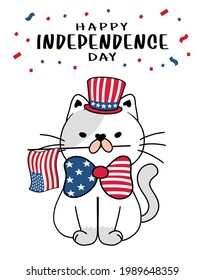 cute cat 4th of July Independence day with Uncle Sam hat and America flag, cartoon doodle flat vector illustration kitten 