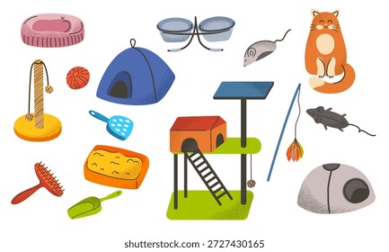 Gato bonito acessório conjunto com ginger kitty. Coleção de vetor plano de itens de cuidados para animais de estimação. Brinquedos essenciais, camas e tigelas de comida para design felino, marca de loja e cartazes.