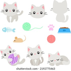 Cute Cat and Cat Accessory Vector Set