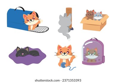 Cute cat activities set. Funny kitty, feline supplies. Home kitten pet life, actions, scenes with box, toys, feed, carrier, litter, bed. Flat graphic vector illustrations isolated on white background