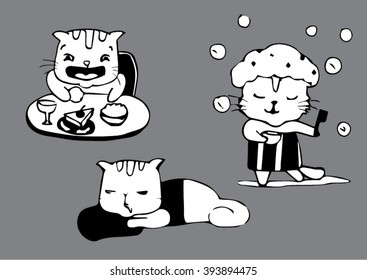 cute cat activities,taking a bath,eating and sleeping
