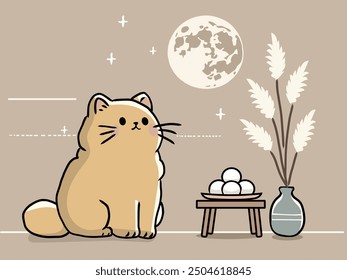 Cute cat admiring the full moon.Moon-viewing rice dumplings and Japanese silver grass are placed next to it, creating a peaceful and warm scene.
