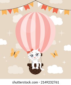 Cute Katze auf Luft Ballon. Hübsche Cartoon-Figuren für Kinder, Grußkarte oder Einladungskarte, Geburtstagsgruß. Reisen und Abenteuer, Flugreisen, Fantasie und Träume. Cartoon-Flavektor-Vektorgrafik
