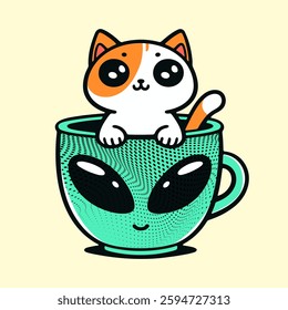 cute cat and alien mug vector drawing, funny illustration