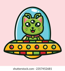 Cute cat alien riding ufo