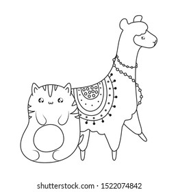 cute cat with alpaca baby animals kawaii style vector illustration design