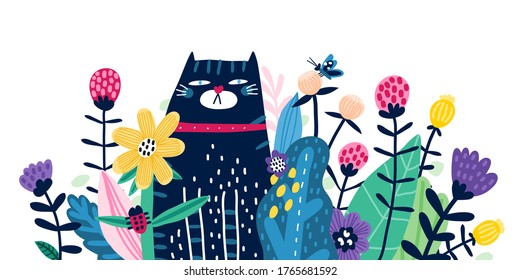 Cute cat among the flowers in a meadow. T shirt print, wall art, poster, postcard, banner design element.