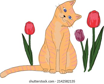Cute cat among the tulips. Vector file.