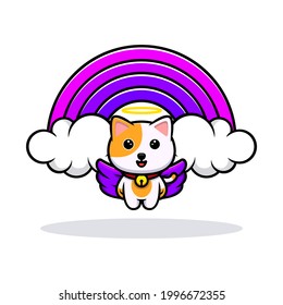 Cute cat angel and rainbow cartoon mascot