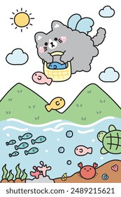 Lindos ángeles de gato que vuelan sostienen la cesta de pescado en el cielo y el fondo del mar.Summer.Underwater life.Ocean.Meow lover.Pet personaje animal de dibujos animados design.Imagen para la tarjeta, póster,pegatina.Baby product.Kawaii.Vector.