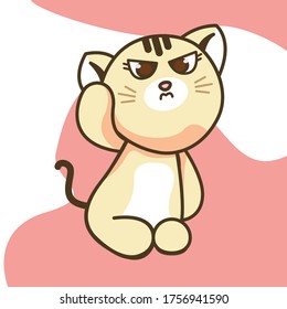 cute cat with angry face. sitting mad kitten doll and raise hand. grumpy cat