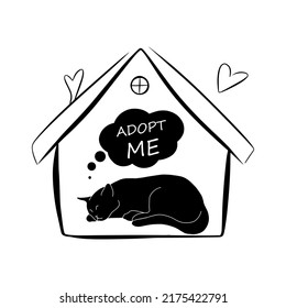Cute cat animal with banner, adopt me phrase, conceptual illustration isolated on white background. Doodle vector drawing. Rescue abandoned pet in shelter. Simple house silhouette.