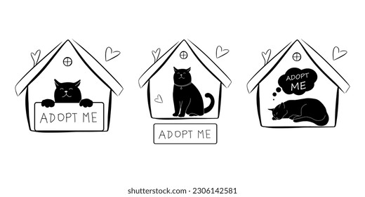 Cute cat animal and banner  adopt me phrase  conceptual illustration isolated white background  Doodle vector drawing  Rescue abandoned pet in shelter  Simple house silhouette 
