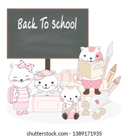 Cute cat animal cartoon back to school set illustration
