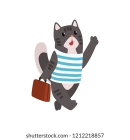 Cute cat animal cartoon character traveling with suitcase vector Illustration on a white background