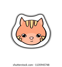 Cute cat animal face vector sticker with shadow on white background. Funny orange kitty. Cat character logo. Smiling kitten head isolated. Domestic pet icon. Ginger cat handdrawn illustration