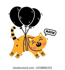 Cute Cat Animal Flying with Balloon Floating in the Air Vector Illustration