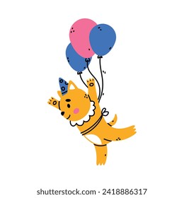 Cute Cat Animal Flying with Balloon Floating in the Air Vector Illustration