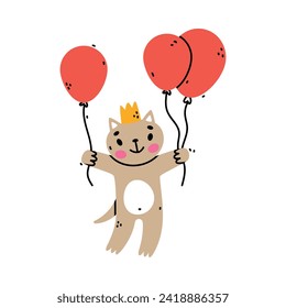 Cute Cat Animal Flying with Balloon Floating in the Air Vector Illustration