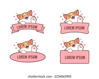 Cute Cat Animal with frame banner name cartoon hand drawn style