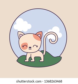cute cat animal in frame circular with landscape
