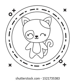 cute cat animal with frame circular vector illustration design
