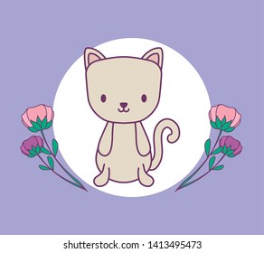 cute cat animal in frame with flowers decoration