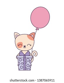 cute cat animal with gift box and balloon helium