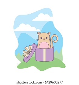 cute cat animal in gift box in landscape