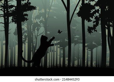 cute cat animal in jungle silhouette
