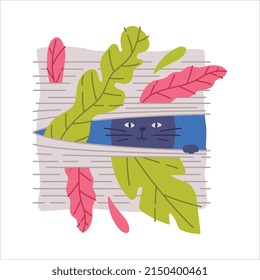 Cute Cat Animal Peeking Out of Window Curtain with Colorful Foliage Vector Illustration