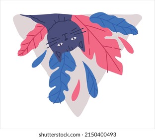 Cute Cat Animal Peeking Out of Window with Colorful Foliage Vector Illustration