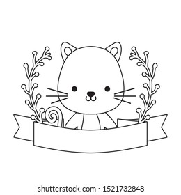 cute cat animal with ribbon and branches of leafs vector illustration design