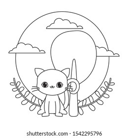 cute cat animal with tree plant and crown leafs vector illustration design