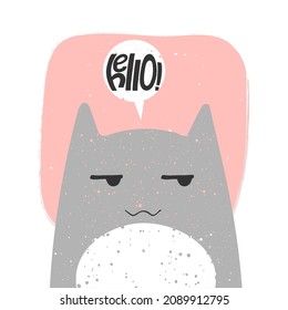 Cute cat with anime emotion and speech babble saying hello. hand drawn vector illustration of kitty in flat cartoon design. Cute childish clip art with kitten. Isolated on white background.