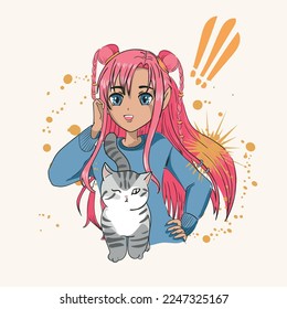 cute cat and anime girl illustration. cute character design. t-shirt print. graphic design